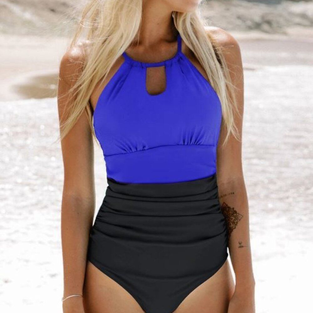 Blue & Black High Neck Cut-Out One Piece Swimsuit
